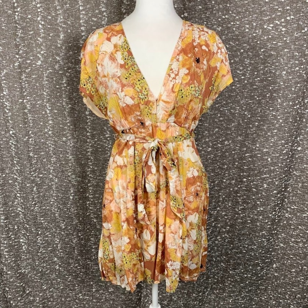 Free People Freddy Tie Mini Dress Floral Print Tie Waist Boho Women's XS